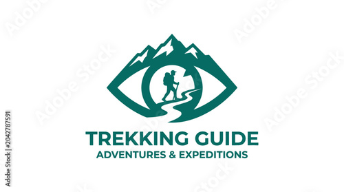 Foto Adventure eye logo with mountain hiker and winding path inside