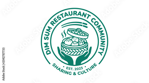 Foto Dim Sum restaurant community logo with hands holding a bamboo steamer basket of