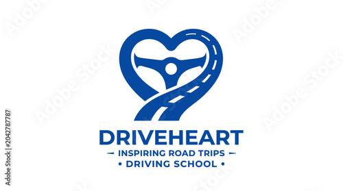 Foto Heart shaped road with steering wheel graphic element, driving school logo conce