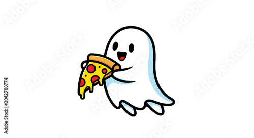 Cute Cartoon Ghost Eating a Slice of Pepperoni Pizza Vector
