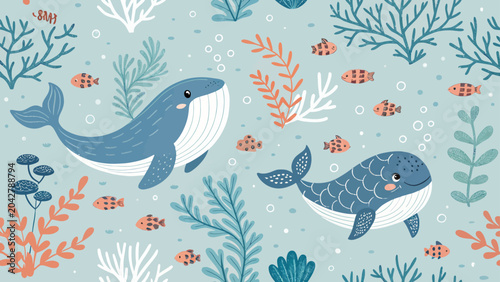 Seamless pattern with cute whales and fish in the ocean vector illustration for kids, fabric, wallpaper, wrapping paper, textile, nursery decor