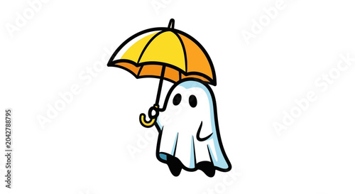 Cute Cartoon Ghost Character Holding a Yellow Umbrella Illustration