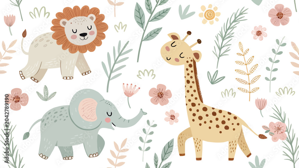 Obraz premium Seamless pattern with cute cartoon animals lion, elephant and giraffe, surrounded by flowers and leaves