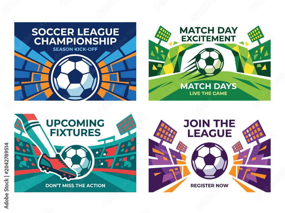 Naklejka premium Vibrant soccer league championship banners, match day promotion, energetic vector illustrations for sports events, kick-off.
