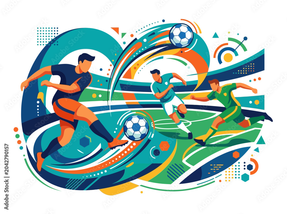 Fototapeta premium Dynamic soccer game illustration with male players actively competing on a vibrant abstract field, showcasing athletic movement.