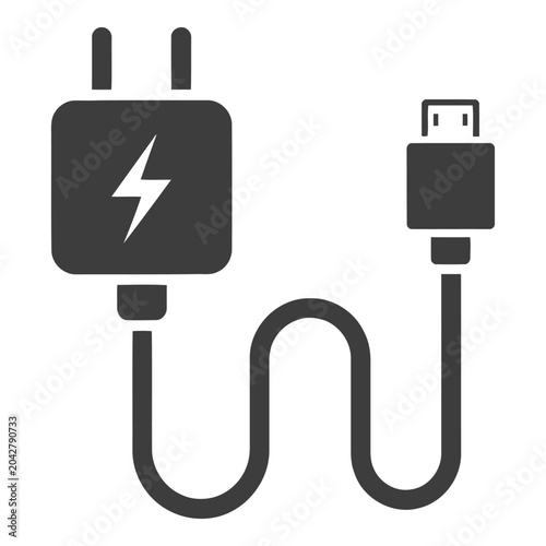 Modern USB Charging Cable Connected to Power Adapter with Lightning Bolt Symbol for Electronic Devices