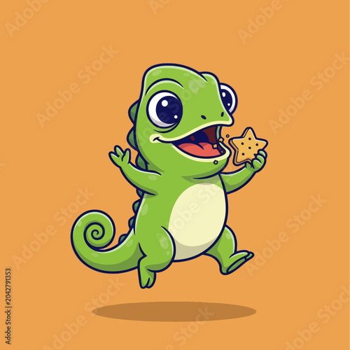 Fotografia Cute Green Dinosaur Character Eating a StarShaped Cookie.