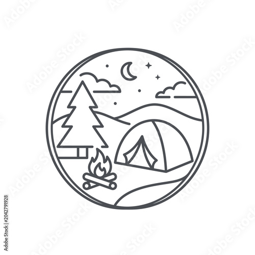Night camping scene with tent and campfire circular icon.