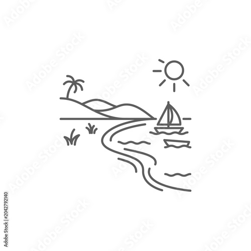 Simple beach line art with sailboat and palm tree.