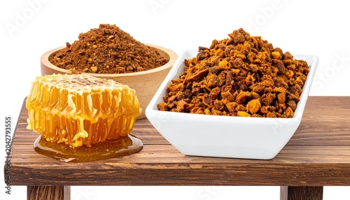 A honeycomb and two bowls of granola on wooden tray