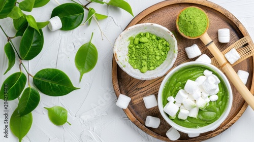 Vibrant Green Matcha Powder and Creamy Dessert with Marshmallows on a Rustic Wooden Plate with Fresh Green Leaves
