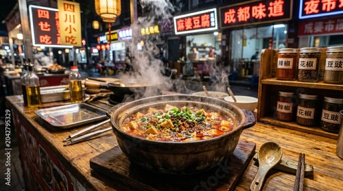 Spicy Sichuan Mapo Tofu in Bustling Street Market