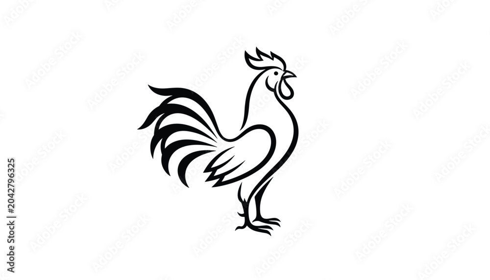 Fototapeta premium Minimalist black and white line art illustration of a proud rooster for farm animal or restaurant branding and logo design.