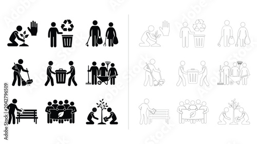 Environmental Volunteer, Community Cleanup, Tree Planting and Recycling Icons Set