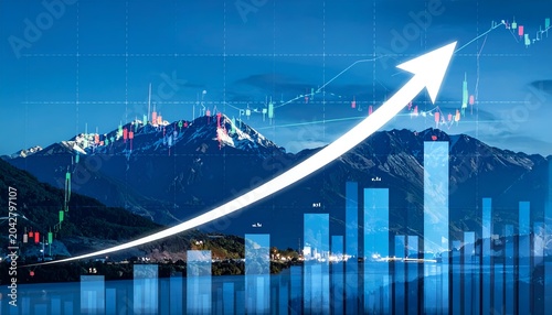 Stock market analytics background with increasing graph and upward arrow, illustrating investment opportunities, market confidence, and revenue growth.