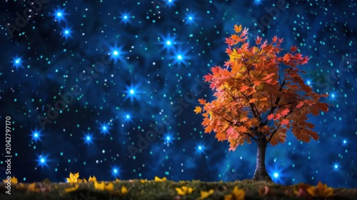 Majestic Autumn Tree Under Starry Night Sky with Vibrant Colors and Falling Leaves