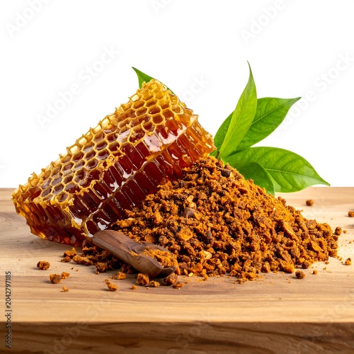 A honeycomb slice and pollen grains on a wooden surface with green leaves