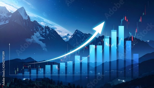 Mountain peaks glow beneath a starlit sky. Chart bars rise with a glowing upward arrow