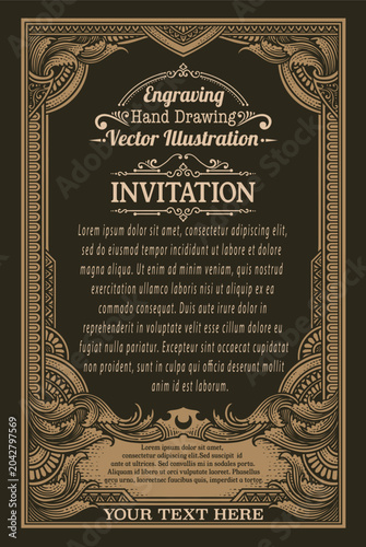 Highly Detailed Ornate Vintage Engraving Border Invitation Card - Vector Template