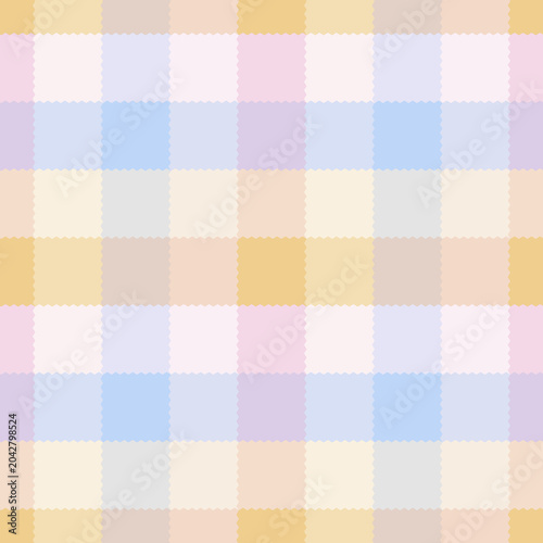 A seamless pastel gingham pattern featuring a soft mix of yellow, blue, pink, and purple checks with a gentle, jagged edge detail.