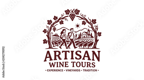 Artisan wine tours logo with vineyard scene and people walking