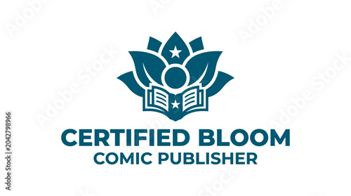 Obraz na plátne Blue lotus flower logo with open book and stars, graphic element for educational