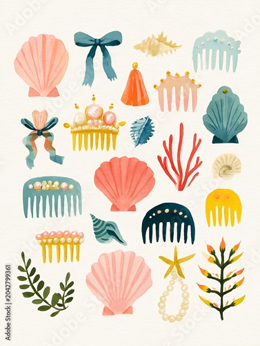 Whimsical illustration of nautical decorative accessories. Seashells, hair combs, pearls, coral, and ribbons create a charming marine-inspired design