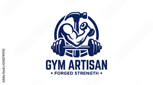 Photos Gym logo with muscular arm holding dumbbell and hammer above barbell