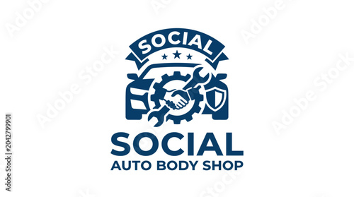 Vector logo for auto body shop with car, gear, wrench, and shield elements