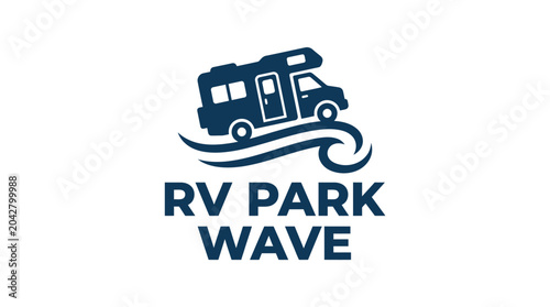 RV park logo with camper van on a wave, vector graphic