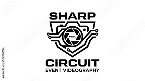Photos Modern vector logo for event videography featuring a camera emblem with circuit board elements