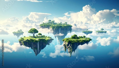 Floating islands in the sky with trees and clouds.