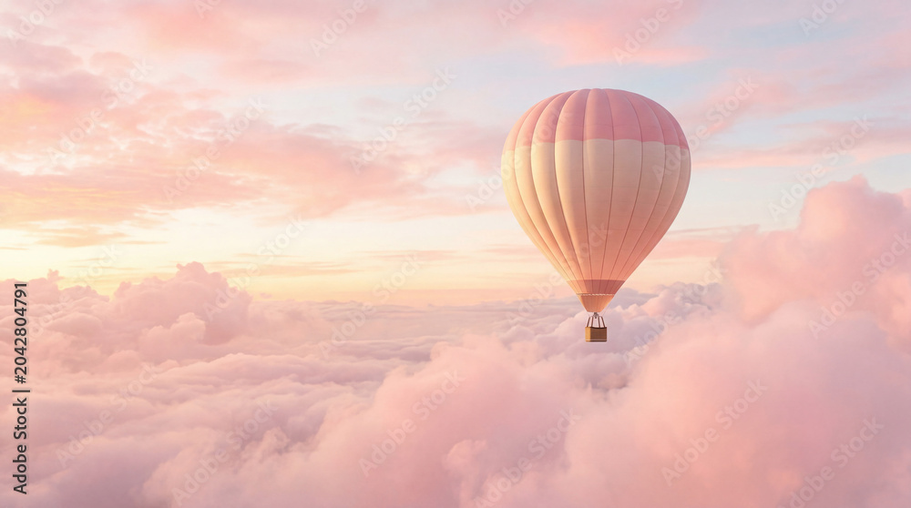 Fototapeta premium Beautiful hot air balloon floating gracefully through soft pink sunset clouds in ethereal dreamlike sky.