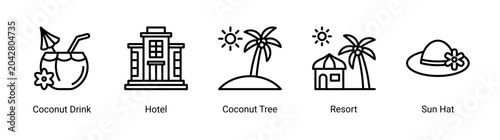 Foto Tropical resort icon set featuring hotel,coconut drink and summer vacation elements for tourism and leisure designs