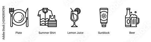 Valokuva Holiday leisure icon set featuring summer food and drink elements for tropical vacation and resort projects