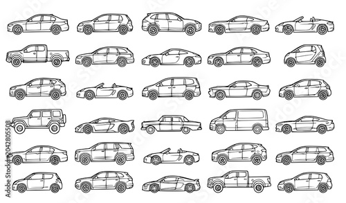Konstfotografi Modern Car Outline Silhouette Vector Set with Electric Sports and Utility Vehicl