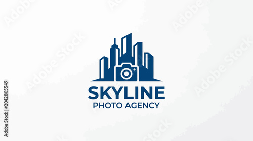 City skyline graphic with camera emblem for photo agency
