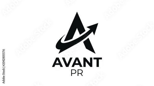 Modern abstract logo with arrow and letter A for PR company, isolated on white.