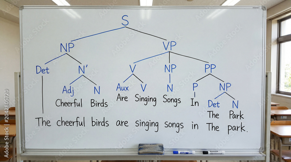 Obraz premium Educational English Grammar Sentence Structure Tree Diagram Drawn On A Bright Well Lit Classroom Whiteboard