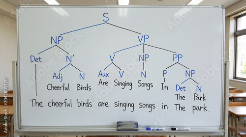 Educational English Grammar Sentence Structure Tree Diagram Drawn On A Bright Well Lit Classroom Whiteboard