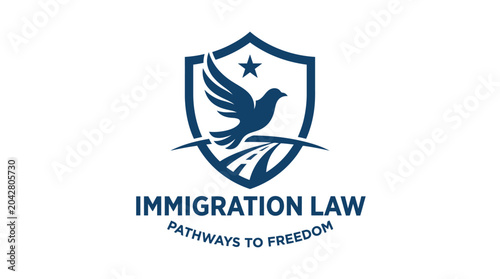 Dove flying over road with shield and 'Immigration Law' text, vector graphic