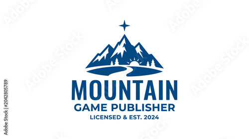 Canvastavla Mountain logo with sun and river, vector graphic element for publisher