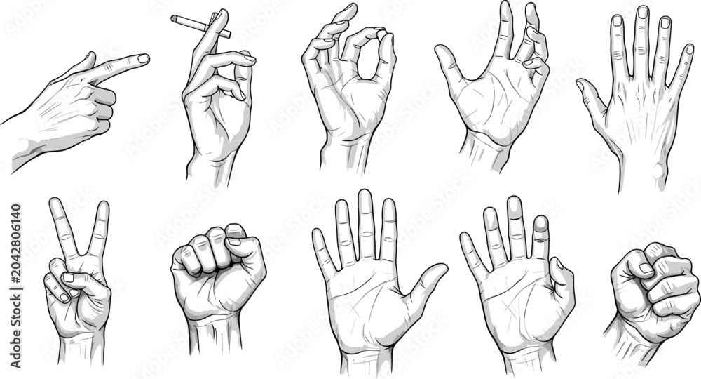 Fototapeta premium Vintage Human Hand Gestures Illustration Set Featuring Victory Sign OK Gesture Fist and Pointing Finger Engravings for Communication and Social Media Graphic Designs