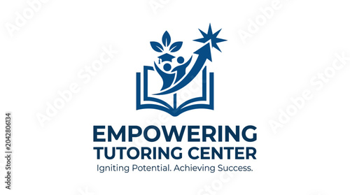 Vector illustration of an open book with figures reaching for a star, symbolizing education and growth