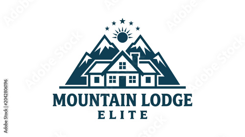 Mountain lodge logo with peaks, sun, and stars, vector illustration