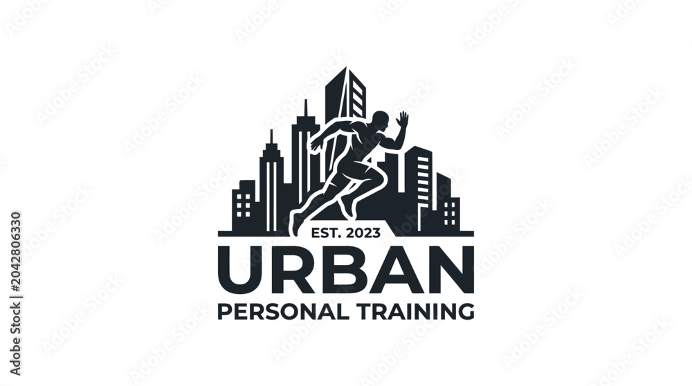 Obraz premium Urban runner silhouette against city skyline, personal training logo concept