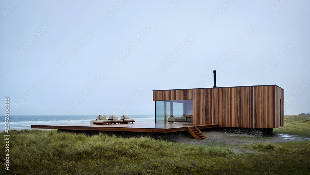 Fototapeta premium Ultra Minimalist Coastal Dune Pavilion With Warm Vertical Timber Batten Cladding, Cantilevered Deck And Silver Ocean Horizon Beneath Vast Overcast Sky (AI-Generated)