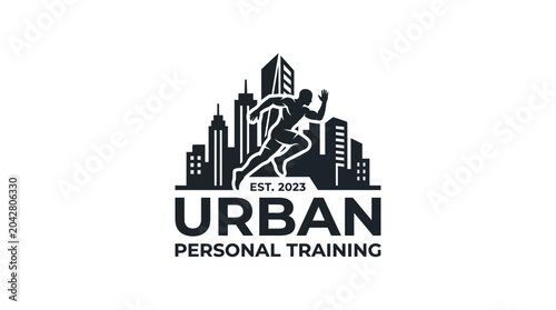 Foto Urban runner silhouette against city skyline, personal training logo concept