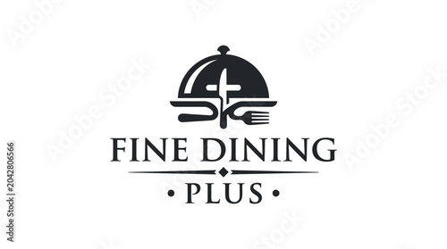 Elegant fine dining logo with cutlery and cloche on white background