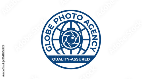 Globe photo agency logo with camera iris and world map graphic element